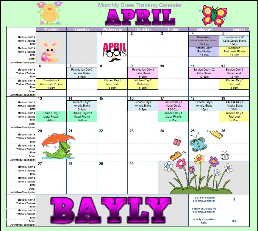 Monthly crew training calendar